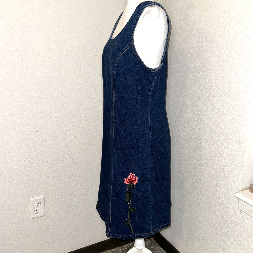 Y2K Bongo Dark Denim Dress Women's 16 Rose Embroidery Sleeveless Back Zip Casual